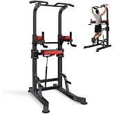 VEVOR Pull Up Bar, 330 LBS Power Tower Dip Station, Workout Dip Station with H-Shaped Stable Base &amp; Assistance Platform, Adjustable 9 Level Height Pullup Stand for Back, 3-Level Adjustable Elbow Pads