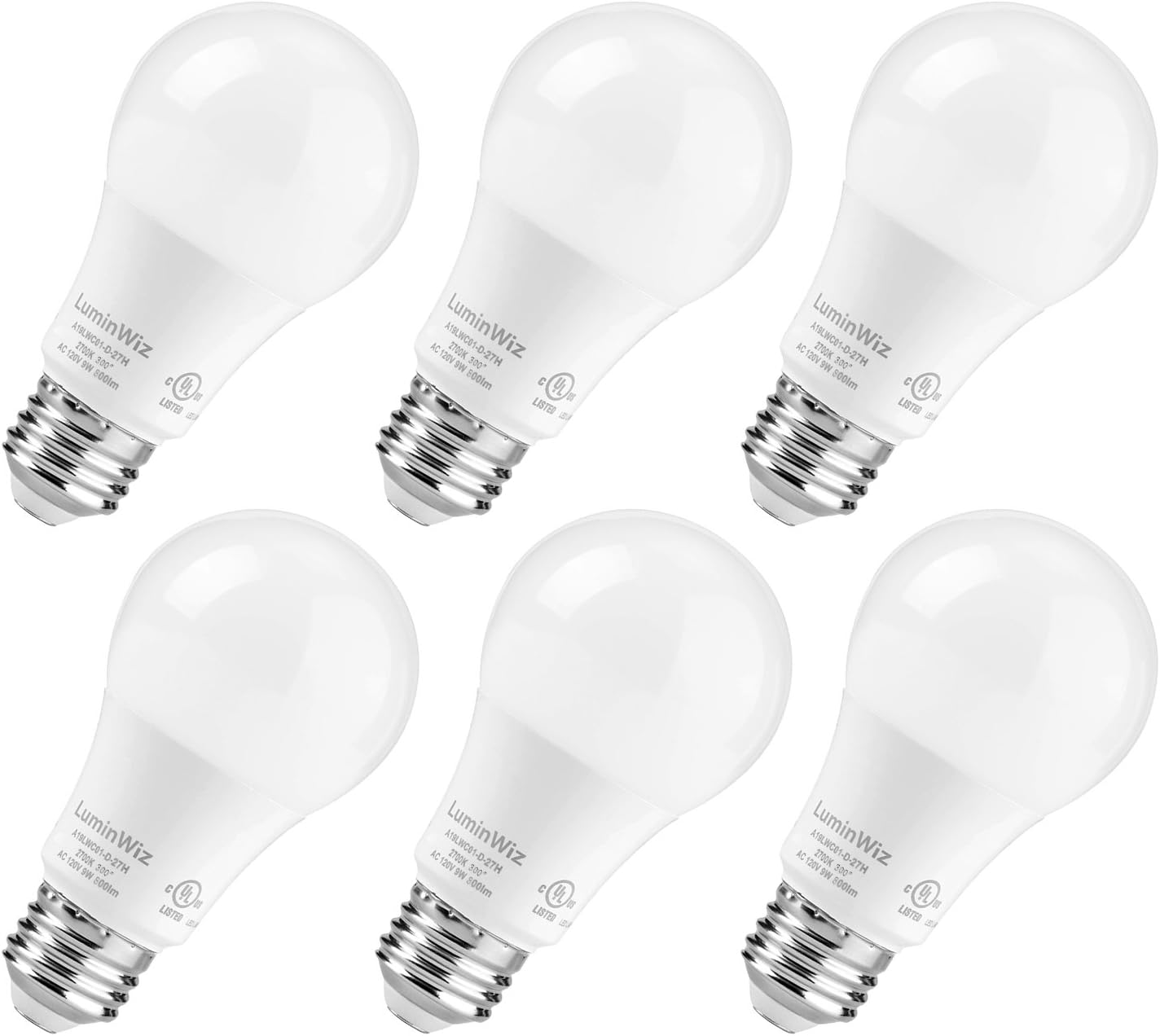 A19 LED Bulb, LuminWiz 9W 2700K 800lm Dimmable UL-Listed LED Light Bulbs 60W Equivalent,E26 Base,Energy Star,Warm White, 6-Pack