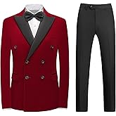 KUDORO Men's Velvet Suit 2 Piece Double Breasted Tuxedo Blazer & Pants Set for Wedding Prom Dinner Party