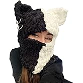 Thickened Crochet Knit Balaclava Hat for Women Girls, Funny Long Bunny Ears Beanie Hat with Scarf Mask Thermal Headwear