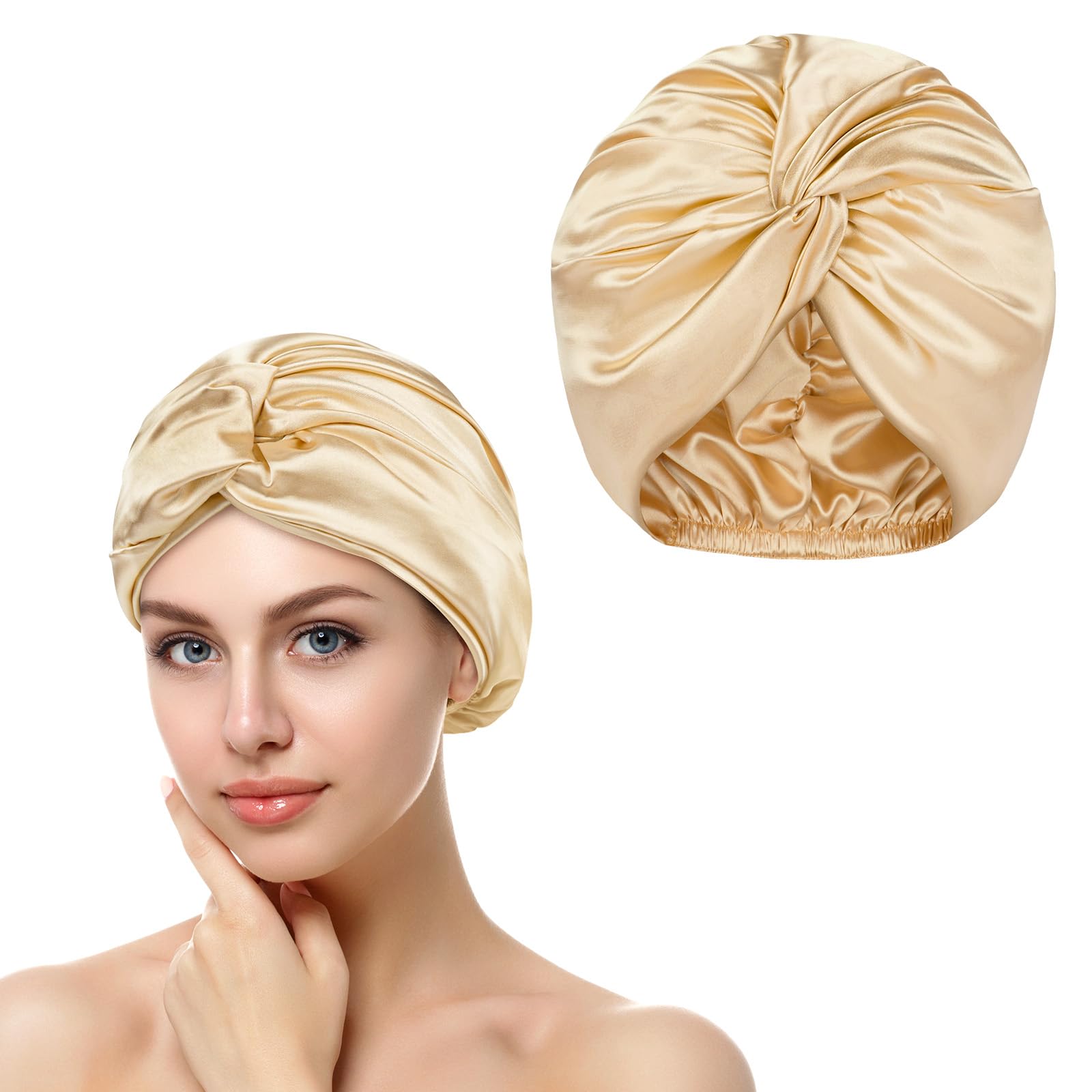 AOGOE Silk Hair Bonnet for Sleeping, Double Layer Sleep Cap, Silk Sleep Cap with Elastic Bow, Night Sleep Cap, Hair Bonnet for Bath, Hair Care Head Cover Hat for Women Girls Straight and Curly Hair
