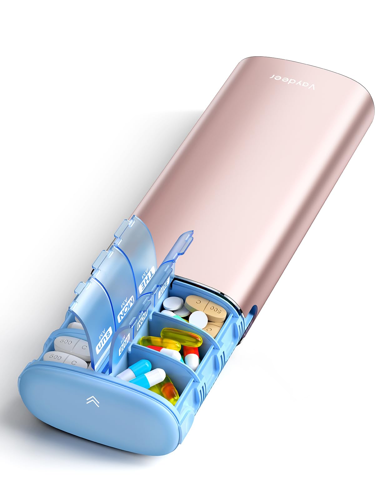 Photo 1 of Vaydeer 7 Day Weekly Pill Organizer 2 Times a Day, Metal Am Pm Travel Pill Case, Large Capacity Twice Daily Cute Pill Box for Supplements, Pills, Vitamins and Medication (Rose Gold)