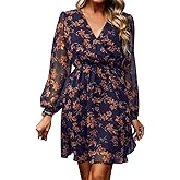 Women's V Neck Long Sleeve Floral Mini Dress A-line Chiffon Cocktail Party Wedding Guest Spring Fall Dresses