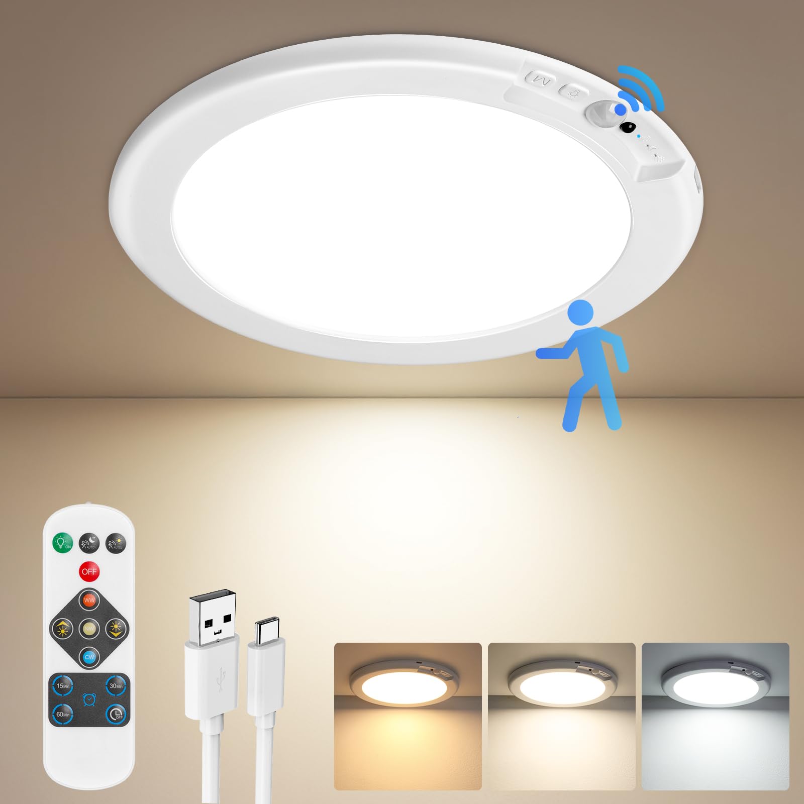 Photo 1 of **PARTIAL SET/check clerk comments**
Rechargeable Motion Sensor Ceiling Light with Remote, Battery Operated Closet Light No Wiring, Wireless LED Shower Lights, 3 Colors Dimmable Indoor Overhead Lamp for Closet Shower Pantry Shed Hallway