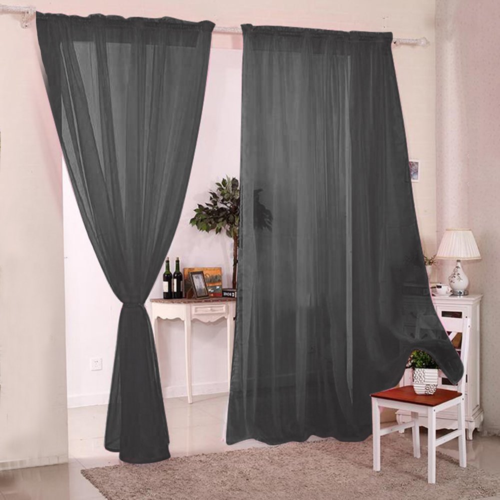 2pcs Sheer Voile Window Curtain Rod Pocket Panels Black 55 * 90inch for Living Room Dining Room