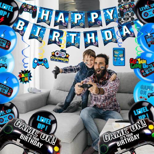 Video Game Birthday Supplies for 16 Guests, 213pcs Games Party Tableware Set - Blue Plates Cups Napkins Tablecloth Balloons Banner Hanging Swirls etc Video Game Party Decorations