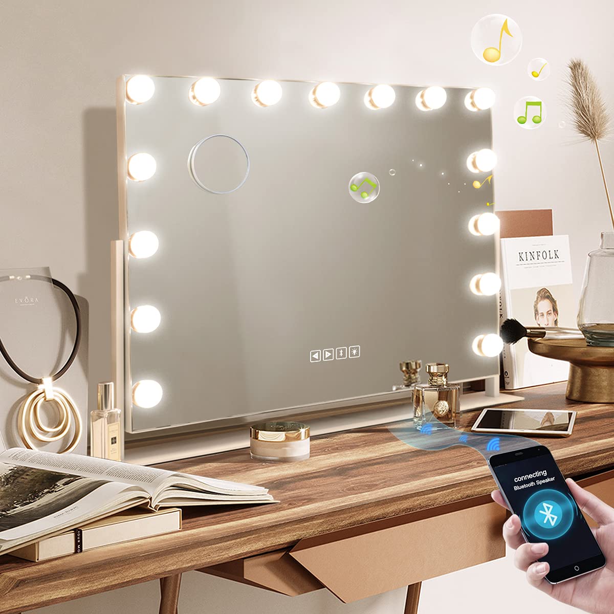 Hansong Bluetooth Vanity Mirror with Lights Hollywood Mirror with Lights and 15 Dimmable LED Bulbs Hollywood Makeup Mirror Rotation 3 Color Lighting Modes Image