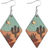 Azusa Sun Desert Cactus Personality Earrings for Women Western Sunrise Sunset Diamond Wooden Earrings Outdoor Enthusiast Jewelry Gifts
