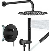 BESy Shower System with 10 Inch Round Rain Shower Head and Handheld Wall Mounted, High Pressure Rainfall Heads Shower Faucet Fixture Combo Set with 2 in 1 Spray Showerhead for Bathroom, Matte Black