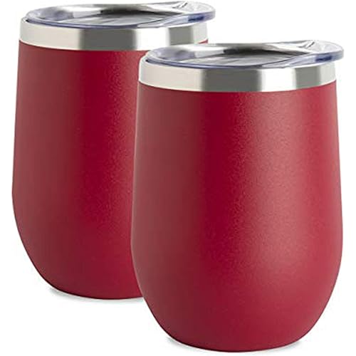 Jearey Stemless Wine Glass Tumbler 12 oz Stainless Steel Double Wall Vacuum Insulated Wine Cup with Lid Travel Friendly (2 Pack, Red)