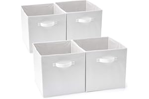 EZOWare Set of 4 Foldable Fabric Basket Bin, 13 x 15 x 13 inch Collapsible Organizer Storage Cube with Handles for Home, Bedroom, Baby Nursery, Office, Kids Playroom - White