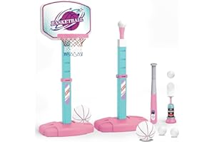 HANDWELL 3 in 1 Basketball Hoop and Tee Ball Set for Girls: Baseball Tee with Automatic Pitching Machine Adjustable Height Outdoor and Indoor Sports Toys Christmas Birthday Gift for Kids Age 1-8 Year Old Pink