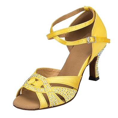 Miyoopark Ladies Ankle Strap Yellow Satin Latin Dance Sandals