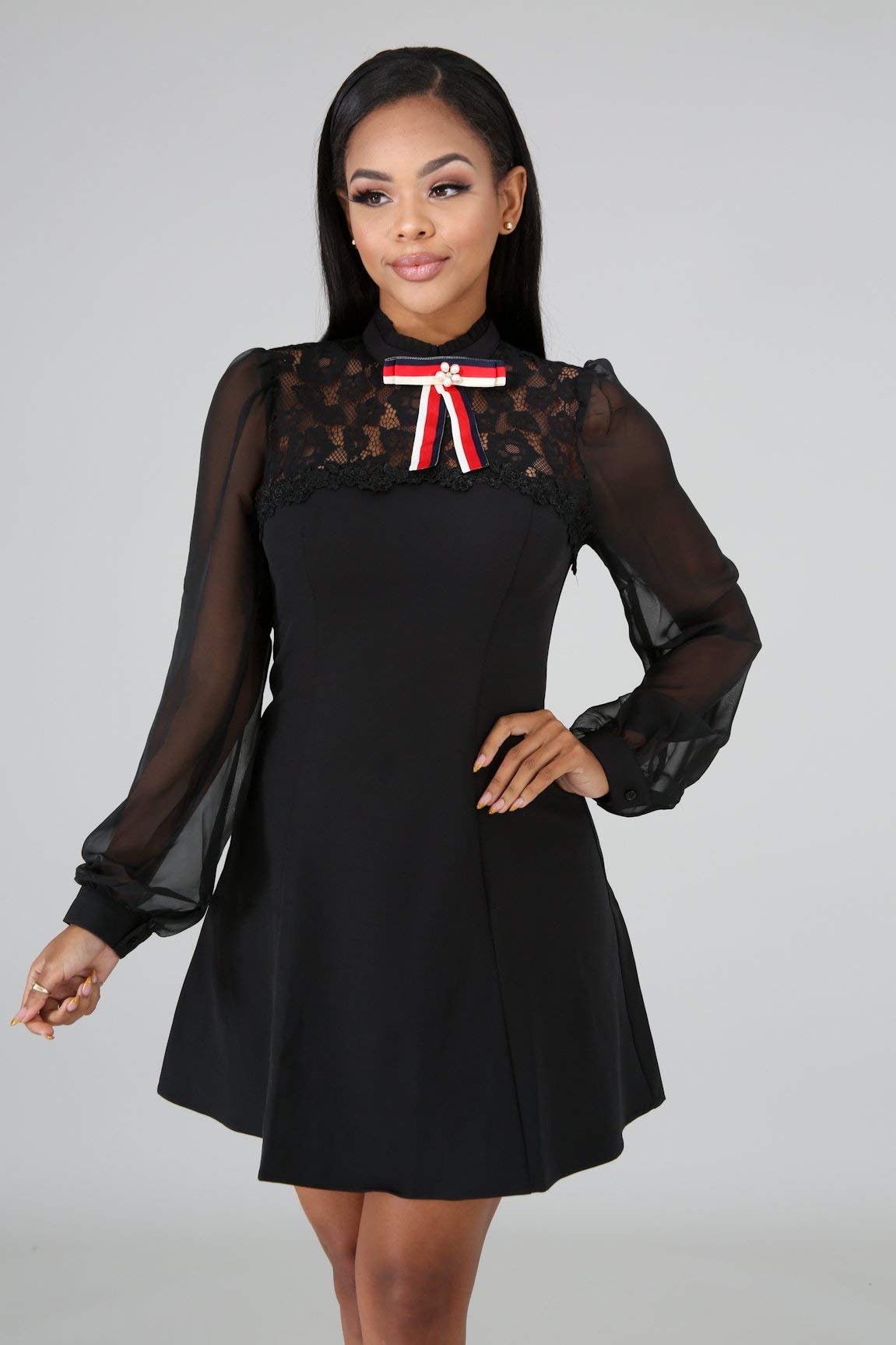 Women\'s Fit and Flare Dress - Sexy Lace Patchwork Baby Doll Swing Little Black Sun Dress Medium Black