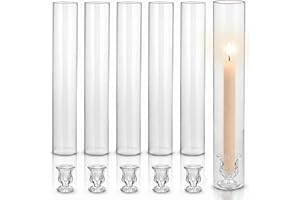 CHILL RECIPE Glass Hurricane Candlestick Holders Clear 12" Tall Cylinder Candleholder Chimney Tube, Floral Taper Crystal Candle Stick Holder for Birthday Wedding Christmas Home Decor(1 Set 6Pcs)