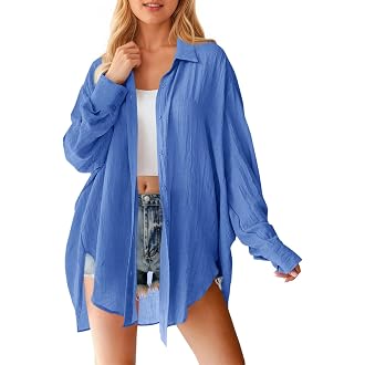 Saodimallsu Womens Oversized Button Down Shirts Long Sleeve Blouse Tops | Flowy Button Up Shirt,Irregular Hem,Casual Summer B