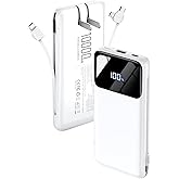 Portable Charger Power Bank with Built-in Cables and Wall Plug, 10000mAh Slim USB-C Battery Pack, 15W Fast Charging Travel Essential Portable Phone Charger Compatible with iPhone, Samsung (White)