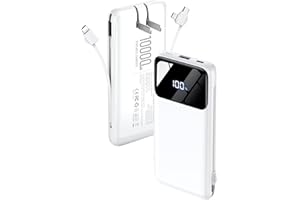 HYUCKOT Portable Charger Power Bank with Built-in Cables and Wall Plug, 10000mAh Slim USB-C Battery Pack, 15W Fast Charging Travel Essential Portable Phone Charger Compatible with iPhone, Samsung (White)