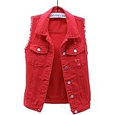 VIEWON Women's Casual Denim Waistcoat Frayed Sleeveless Ripped Jacket Vest with Pockets