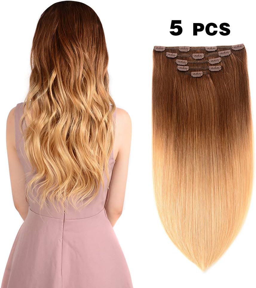 5 Pieces 12" Remy Clip in Hair Extensions Human Hair light Brown to Dirty Blonde Ombre - Silky Straight Short Thick Real…