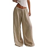 SweatyRocks Women's Linen Palazzo Pants Low Waist Casual Wide Leg Long Trousers with Pockets