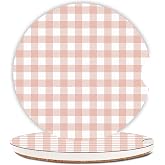2 Pcs Cute Peach Pink Gingham Ceramic Car Coasters for Cup Holders | Absorbent car cup holder coaster set with finger notch aesthetic interior accessories for women girls vehicle