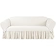 SureFit Essential Twill Ruffled Sofa Slipcovers, Sofa Cover with Cotton Solid One-Piece Design and Ruffled Skirt, Machine Washable Couch Cover, White