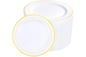 WELLIFE 72 Piece White Dinner Plates With Gold Rim, Gold Plastic Dinner Plates, Premium Heavy Duty 10.25 Inch Gold Party Plates, Elegant Fancy Heavy Duty Wedding Plates for Weddings, Barbecues