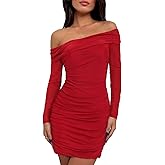 kaimimei Women Sexy Off Shoulder Mesh Bodycon Mini Dress Long Sleeve Sheer Ruched Party Cocktai Dresses