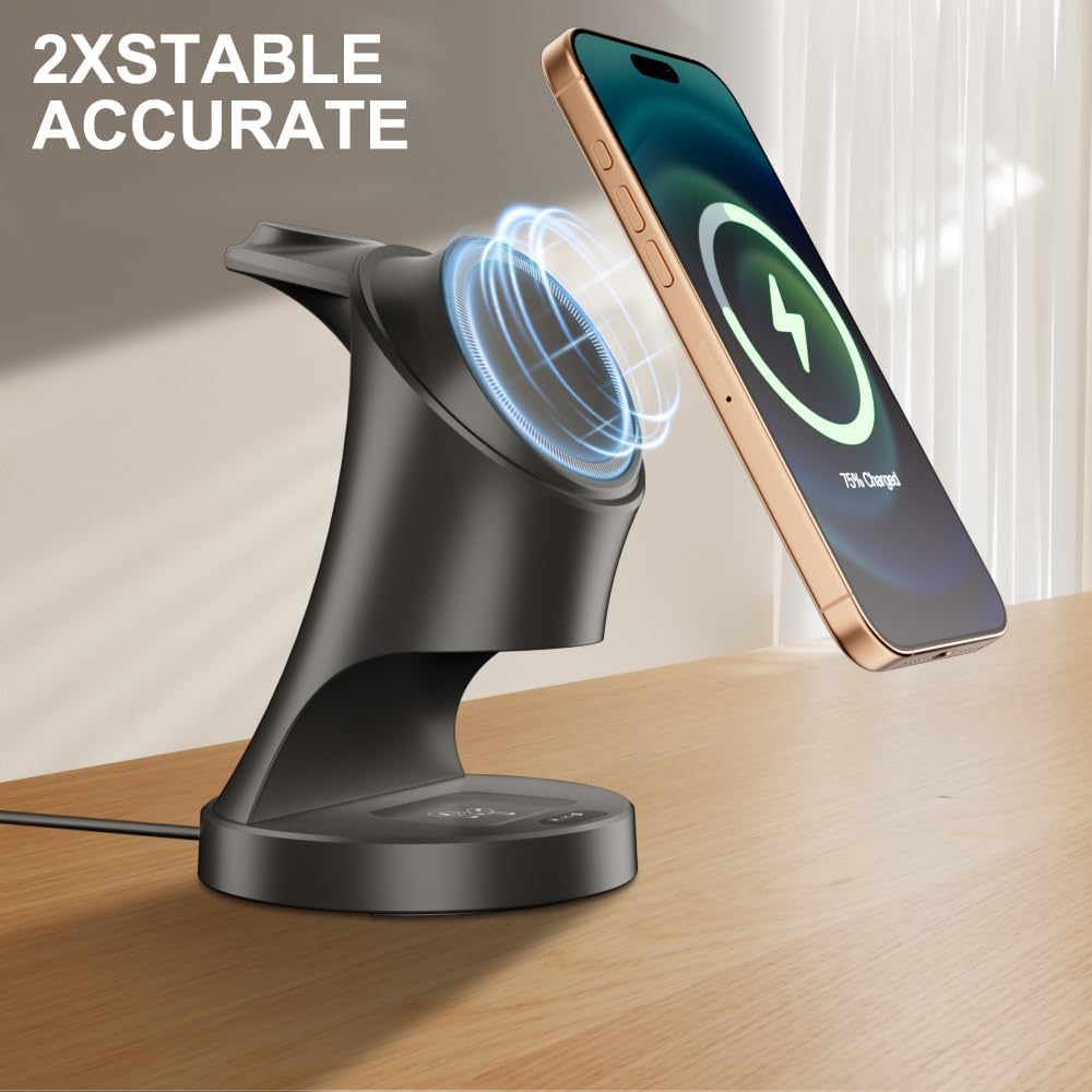 Ladestation Apple Watch und iPhone, 3 in 1 Induktive Ladestation mit Magsafe Ladegerät Wireless Charger Kompatibel mit iPhone 17 16 15 14 13 12 Air/Pro Max,für Apple Watch und AirPods (Schwarz) 7