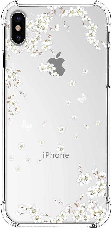 UCMDA iPhone Xs Case, iPhone X Case, Slim Clear Soft Silicone Gel Protective Case [Drop Protection], 4 Corner Airbag Shockproof Bumper Case for Apple iPhone X iPhone Xs 5.8 Inch - White Sakura