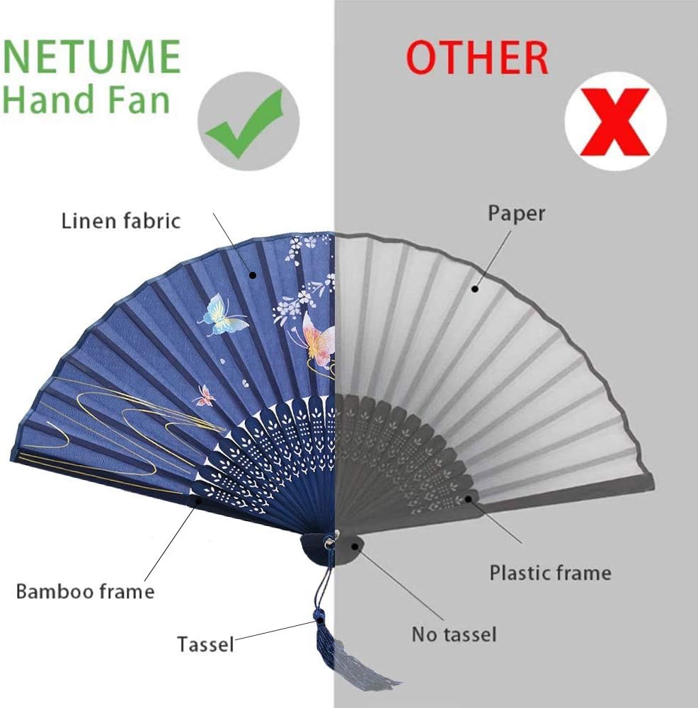 NETUME 2 Pieces Folding Hand Fans for Women Silk Fabric and Hollow Carved Bamboo Handheld Folding Fan - Image 5
