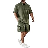 RoseSeek Men's Plus Size Two Piece Collared Neck Half Zipper T Shirts and Drawstring Shorts Clothing Set