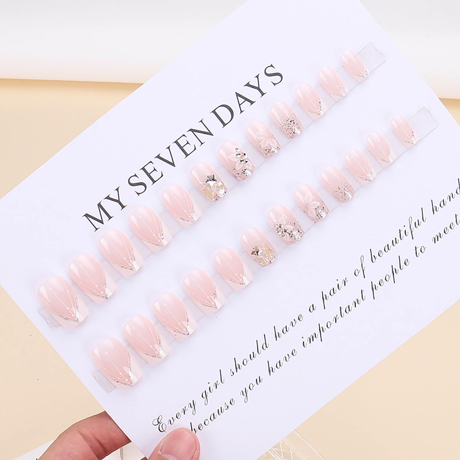 RUOKEXIN Square Press-on Nails - White French Tip Fake Nails with Glitter Designs, Medium Length, 24pcs - Image 4