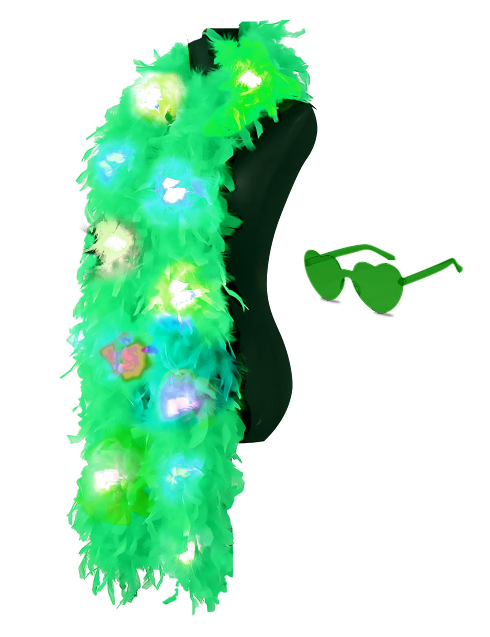 JIANGLAI Colorful Feather Boas, 6.6ft Boa with 20 Color LED Lights for Women for Dancing Wedding Party Halloween, with Heart Sunglasses (Green)