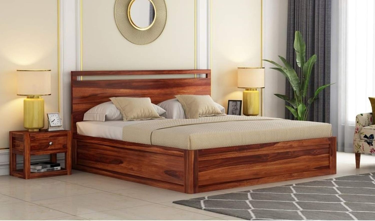 EBANSAL Wooden King Size Hydraulic Bed for Bedroom Solid Wood Bed