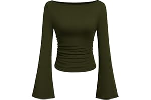 PRETTYGARDEN Women's Long Sleeve Shirt 2026 Spring Crop Going Out Tops Casual Boat Neck Bell Sleeve Ribbed Ruched Y2K Clothes