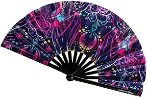 KANDIES WORLD INC Kandies World UV Reactive Custom Festival Folding Hand Fan - Unique Designs, Made of Bamboo, Clacking Sound, Lightweight - Perfect Rave and Festival Accessory!