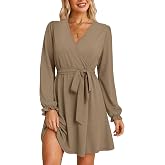 OFEEFAN Womens Wrap V Neck Dress Long Sleeve Belted Fall a Line Dress 2026 | Knee Length Dress,Wedding Guest Dress,Elastic Wa