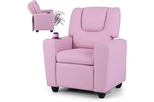 HONEY JOY Kids Recliner, 2-in-1 Toddler Armrest Sofa Couch with Cup Holders, Adjustable Footrest, PU Leather, Child-Size Recliner Chair for Boys Girls Age 3+ (Pink)