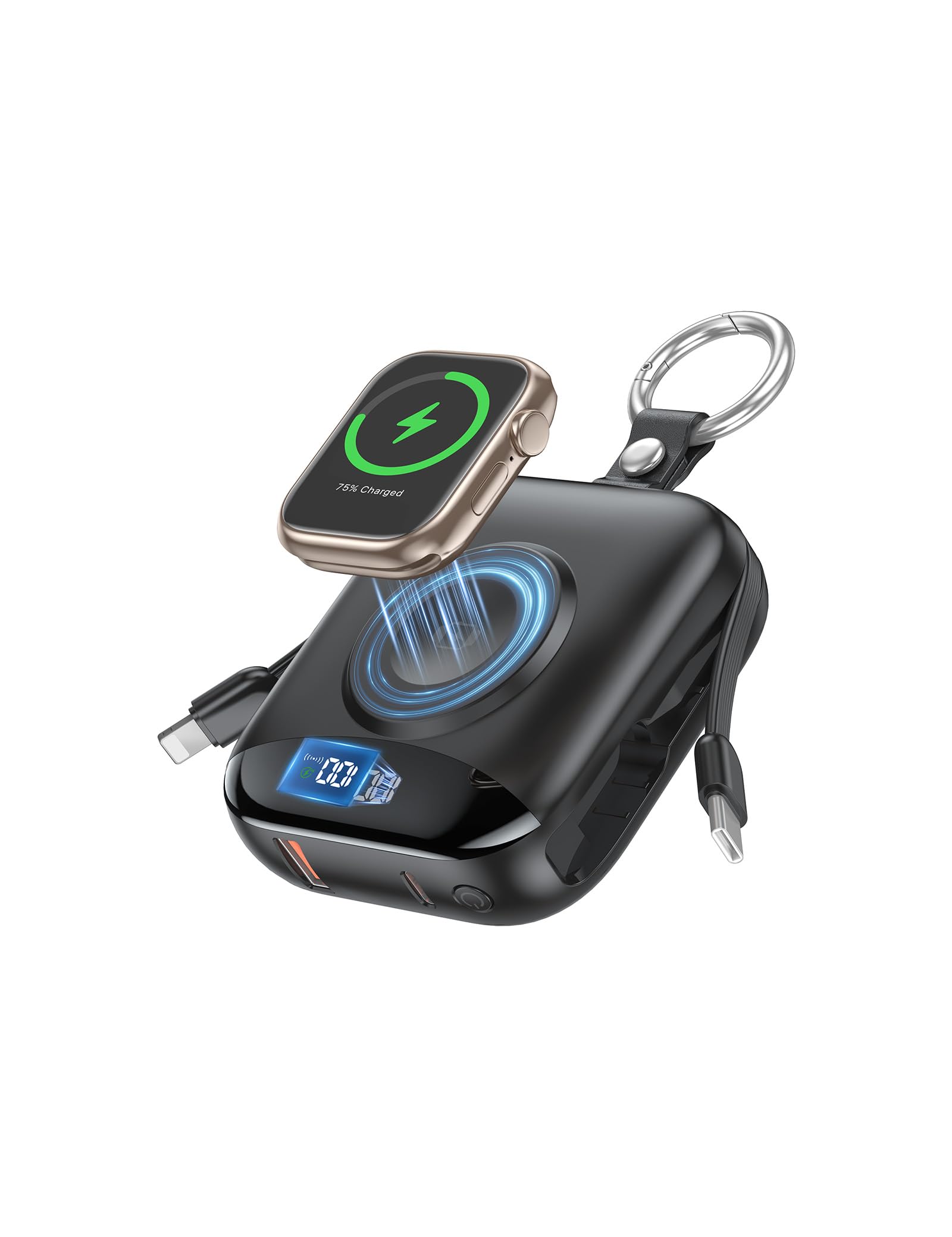 citicr Portable Charger 10000mAh w/Built-in Cables & iWatch Charger Black