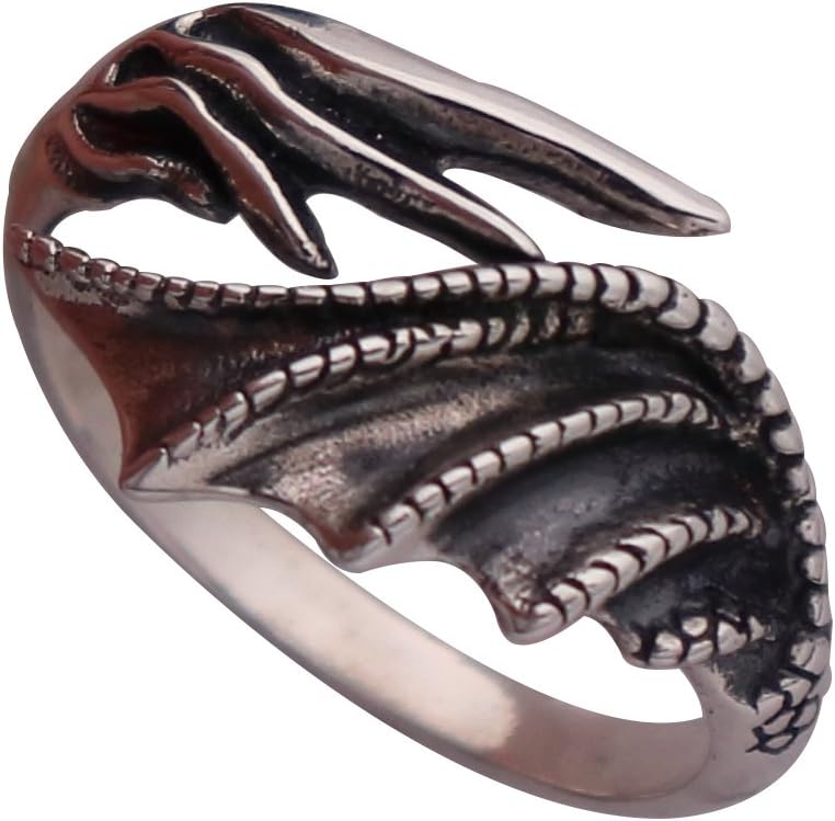 Black 925 Sterling Silver Demon Dragon Wing Ring for Men Boys Open and Adjustable