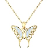 SISGEM 14K Real Gold Butterfly Necklace with Blue Opal for Women,Yellow Gold Butterfly Pendant Necklace Dainty Filigree Butterfly Jewelry Gifts for Birthday Christmas 16+1+1 inch