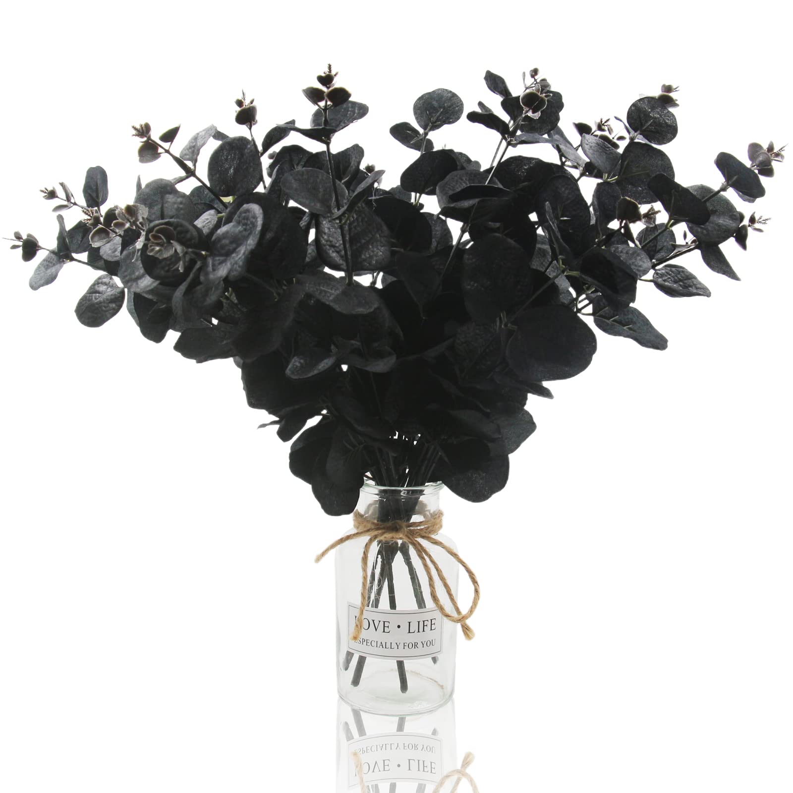 Photo 1 of Hananona 6 Pcs Artificial Black Eucalyptus Stems, 14" Eucalyptus Leaves Branches Bouquet for Flower Arrangement DIY, Black Silk Flowers for Home Halloween Farmhouse Decor (Black, 6)