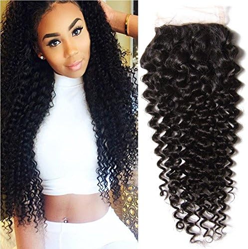 Longqi Hair Brazilian Curly Lace Closure 1PC 4x4 100% Unprocessed Human Hair Extensions Natural Color (10 inch free part closure)