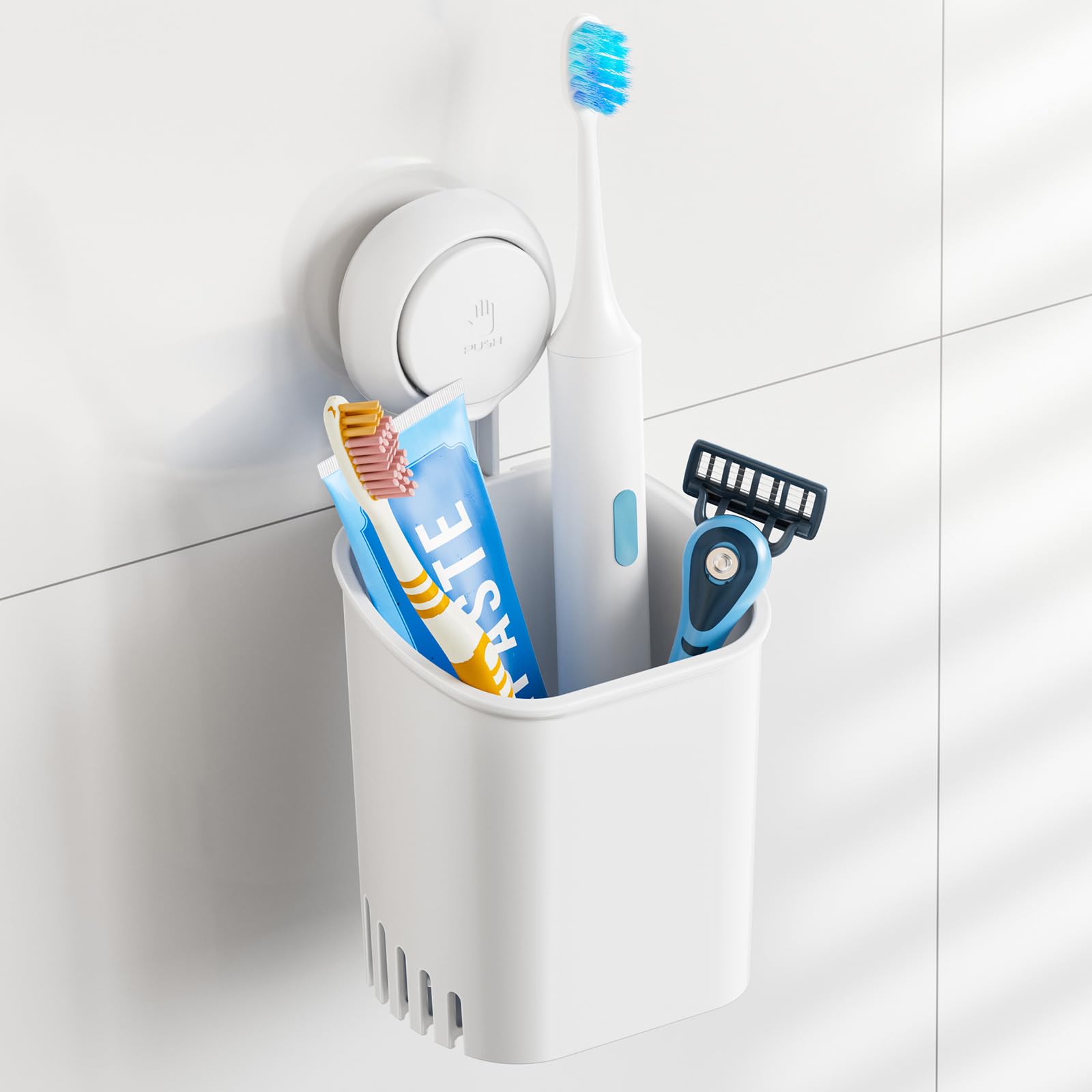 Photo 1 of TAILI Suction Toothbrush Holder for Shower Wall, No Nail, No Glue, No Tool! Self-draining Shower Cup for Razor, Toothpaste, Kitchen Tableware, Strong Suction Cup Toothbrush Holders for Bathroom, White