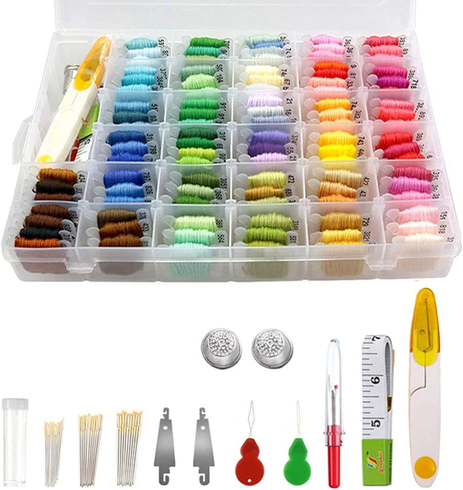 Embroidery Threads Rainbow 100 Skeins Sewing Cross Stitch Kit with 30 Needles, 2 Thimble 1 Thread Remover, 1 Sewing Snips Thread Cutter, 1 Soft Ruler 2 Gourd-Shaped Needle 2 Needle Threader