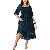 SCOMCHIC Women's Plus Size Maxi Dress Short Sleeve Square Neck Hollow Out Smocked Flowy A-Line Boho Wedding Guest Dresses