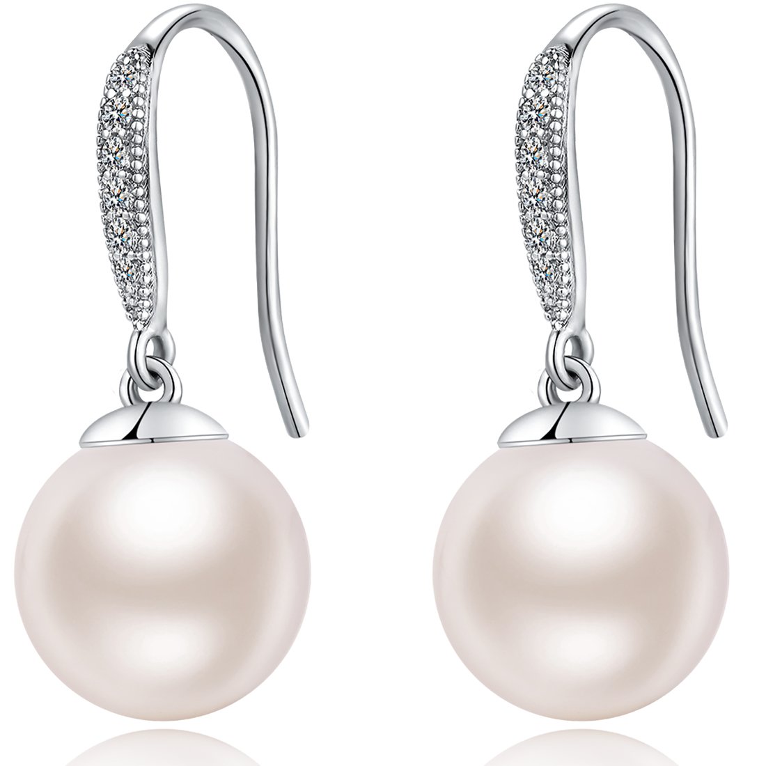 Pearl Earrings Pearl Dangle Earrings Women Drop Pearl Earrings Sterling Silver Leverback Pearl Earrings for Women White Faux Pearl Drop Earrings Cubic Zirconia Pearl Earrings 10mm