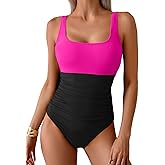B2prity Womens One Piece Swimsuit Tummy Control Slimming Bathing Suit High Waisted Ruched Swim Suit Color Block Swimwear